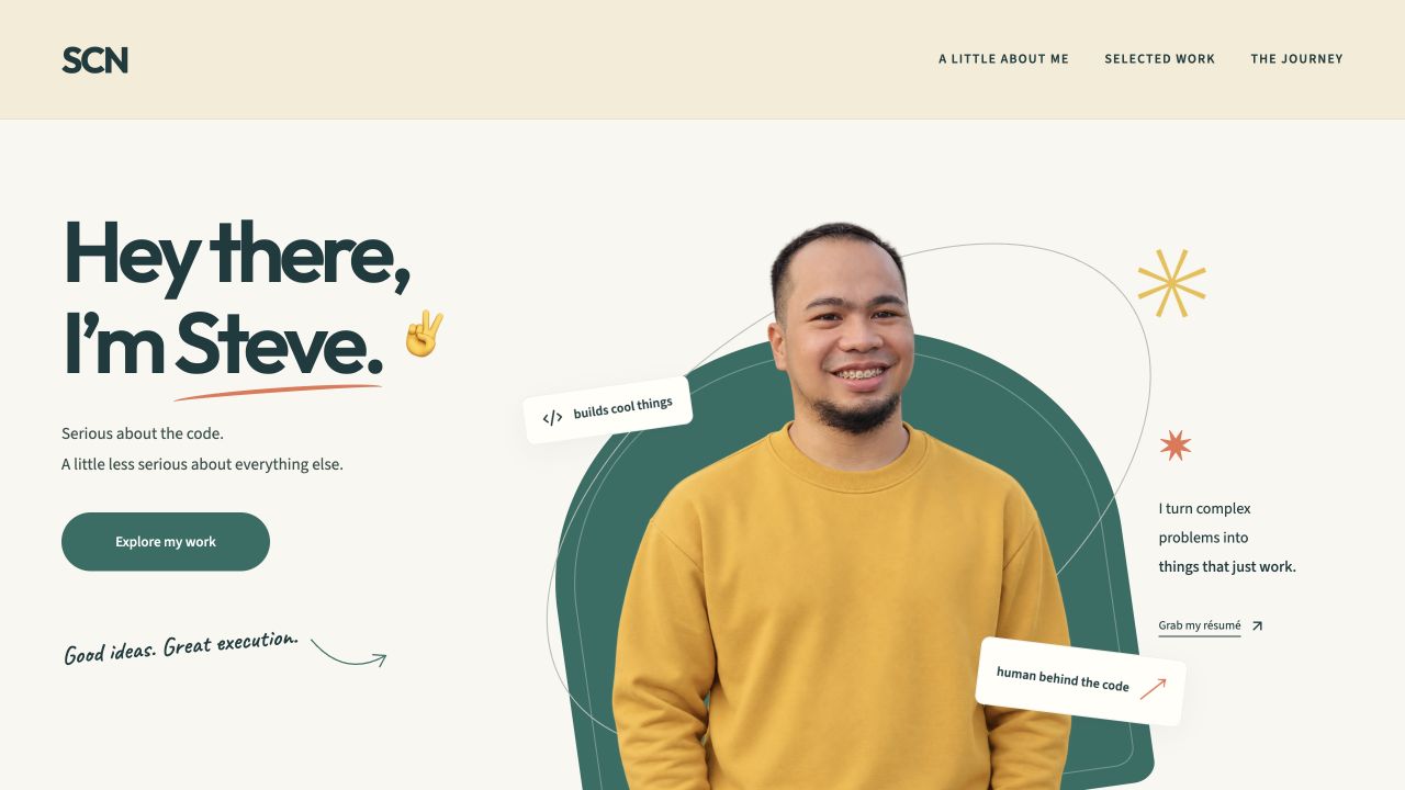 Suryzc’s portfolio, with a warm illustrated hero and a portrait in a mustard yellow sweatshirt.