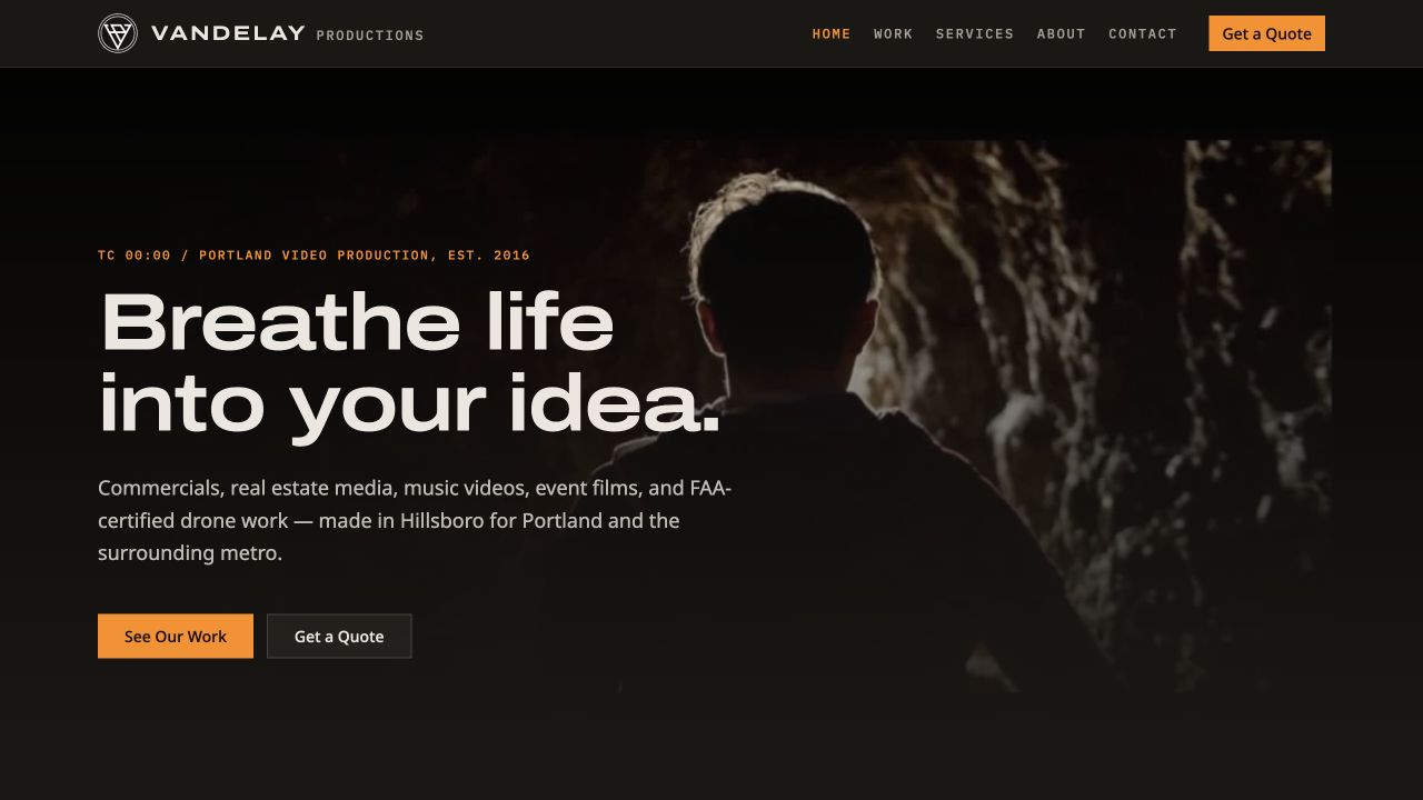 Vandelay Productions website with a cinematic hero and the headline Breathe life into your idea.